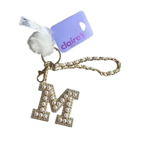 NWT Claire’s M Initial Pearl Bedazzled Keychain Puff Bag Charm Gold Tone McBling - Picture 1 of 4
